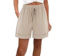 Summer Plus Size Women's Cotton Linen Shorts - High Waist, Wide Legs, Elastic Drawstring, Pockets - Ladies Beach Tracksuit Bottoms - Beige XXL