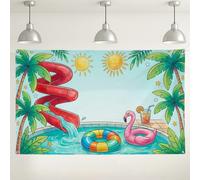 Summer Pool Party Backdrop, Tropical Water Slide Design, Colorful Tropical Bird and Palm Decorations, Fun Indoor/Outdoor Photography Background for Birthday Celebrations 71x43 Inch