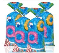 Summer Pool Party Goodie Bags, Flamingos Swim Rings Beach Ball Print Pool Party Favors Bag, Plastic Candy Cookie Treat Cellophane Gift Bag for Summer Hawaii Tropical Luau Birthday Beach Supplies