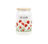 Summer Poppies Sugar Canister - Red & Green Floral Homeware Gifts - Refillable Ceramic Storage Container & Wooden Lid 600ml (14.5cm x 9.5cm)