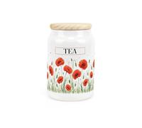 Summer Poppies Tea Canister - Red & Green Floral Homeware Gifts - Refillable Ceramic Storage Container & Wooden Lid 600ml (14.5cm x 9.5cm)