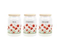 Summer Poppies Tea Coffee Sugar Storage Canisters - Red & Green Floral Homeware Gifts - Refillable Ceramic Storage Containers & Wooden Lids 600ml (14.5cm x 9.5cm)