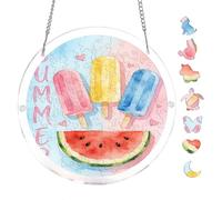 Summer Popsicles and Watermelon, Round Acrylic Crystal Jigsaw Window Hanging Ornament, Jigsaw Puzzle on Pink-Blue Gradient Background with Pink Hearts, 8.9 Inch