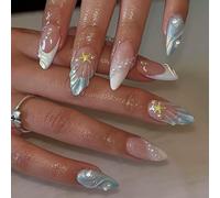 Summer Press on Nails Almond - Fake Nails Blue White French Tip with 3D Shell Star Designs - Acrylic Full Cover Fake Nails, Easy to Apply, Reusable