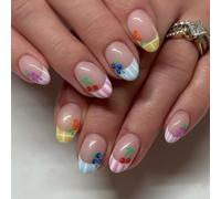 Summer Press on Nails French Tip, Fruits Short Oval Fake Nails | Minimalist Summer Press On Nails, Reusable Press on Nails, Full Cover Glue On Nails for Women, DIY Nail Art, 24PCS