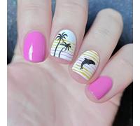 Summer Press on Nails Short Square Palm Tree Fake Nails Blue Pink Seagull False Nails with Twilight Beach Dolphin Designs Summer Acrylic Stick on Nails Press on for Women 24Pcs