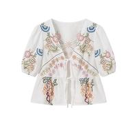 Summer Puff Sleeve Shirts for Women 2024 Fashion Lace Up Tie Front Cropped Tops UK Ladies Elegant Blouses Casual Floral Print T Shirts Comfy Going Out Tee