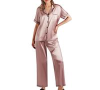 Summer Pyjamas for Women Pyjamas Soft Satin Nightwear Ladies Pyjama Classic Short Sleeve Tops and Pjs Trousers Bottoms Two Piece Sets Cosy Pajama Outfits Silk Sleepwear Loungewear Co ord Sets Pink