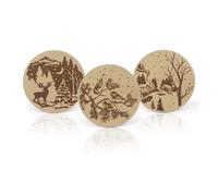Summer-Ray Nature-Inspired Laser-Engraved Suede Leather Coaster Set (6 Pcs) - Rustic Winter Woodland Design (Beige)