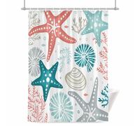 Summer Red Starfish Shower Curtain for Bathroom, Grey Blue Ocean Coral Waterproof Cloth Fabric Bathroom Accessories Set with 12 Rust Proof Plastic Hooks, 48” x 72”
