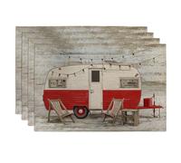 Summer Red Vintage Camping Placemats, Rustic Outdoor Decorative Place mats for Dining Table, Non-Slip Washable Indoor Party Placemat Set of 4
