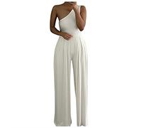 Summer Rompers for Women Casual Long Pants Loose Shoulder Wide Cold Color Asymmetrical Women Jumpsuit Solid Women's Jumpsuit 2022 Summer Clothes Women White