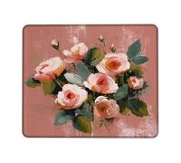 Summer Rose Floral Square Desk Mouse Pad, Peach Cottage Style Flowers Stitched Edge Mousepad, Rubber Non-Slip Washable Office Mouse Pad for Home and Gaming Computer Square 8x10 Inch