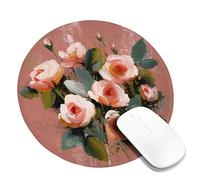 Summer Rose Floral Square Desk Mouse Pad, Peach Cottage Style Flowers Stitched Edge Mousepad, Rubber Non-Slip Washable Office Mouse Pad for Home and Gaming Computer Round 8x8 Inch