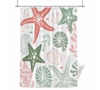 Summer Sage Green Starfish Shower Curtain for Bathroom, Red Ocean Coral Waterproof Cloth Fabric Bathroom Accessories Set with 12 Rust Proof Plastic Hooks, 66” x 72”