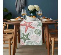 Summer Sage Green Starfish Table Runner 13x48 inch Red Ocean Coral Cotton Linen Dining Table Runner Ideal for Dresser Kitchen Coffee Tables - Machine Washable