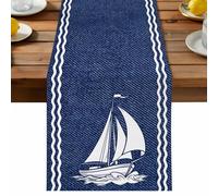 Summer Sailing Boat Table Runner, Vintage Coastal Nautical White Blue Denim Texture Cotton and Table Linen Runner for Kitchen Dining Home Decor for Party Festival Holiday Decoration Gift 13x108in
