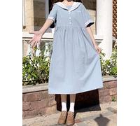 Summer Sailor Collar Women Dress Japanese Sweet Girly Elegant Student Short Sleeve Loose Preppy Style Cute Ladies Dress Female-Blue,One Size