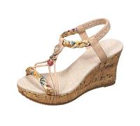 Summer Sandals, Elegant Wedge Sandals, Bohemia, Women's High Heels, Shiny Sandals with Beads, Beach Sandals, Comfortable, Leisure Slippers, Fashionable Roman Sandals, Black, Width H, beige, 4 UK