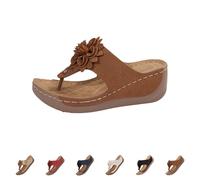 Summer Sandals, Women's Beach Toe Separator Sandals, Women's White Summer Shoes, Wedge Heel, Flowers Slip-On Slippers, Bohemian Vintage Mules, Open Cap Roman Sandals for Summer, Wedding, brown, 7 UK