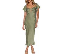 Summer Satin Flutter Sleeve Wedding Guest Dresses for Women Sweetheart Neckline Cutout Tie Back Midi Cocktail Dress, Olivegreen, S
