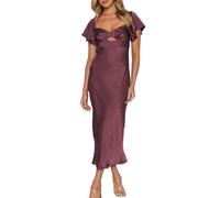 Summer Satin Flutter Sleeve Wedding Guest Dresses for Women Sweetheart Neckline Cutout Tie Back Midi Cocktail Dress, Purple, S