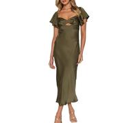 Summer Satin Flutter Sleeve Wedding Guest Dresses for Women Sweetheart Neckline Cutout Tie Back Midi Cocktail Dress, Army, M