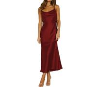 Summer Satin Spaghetti Strap Cowl Neck Backless Midi Dresses for Women Elegant Tie Low Back Ruched Cocktail Dress, Burgundy, S