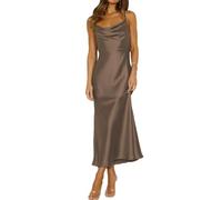 Summer Satin Spaghetti Strap Cowl Neck Backless Midi Dresses for Women Elegant Tie Low Back Ruched Cocktail Dress, Mocha, S