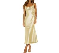 Summer Satin Spaghetti Strap Cowl Neck Backless Midi Dresses for Women Elegant Tie Low Back Ruched Cocktail Dress, Yellow, S