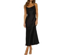 Summer Satin Spaghetti Strap Cowl Neck Backless Midi Dresses for Women Elegant Tie Low Back Ruched Cocktail Dress, Black, M