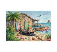 Summer Scottish Terrier Dog Beach Jigsaw Puzzles for Adults 1000 Piece, Coastal Puppy Beachy Cottage Wooden Puzzles, Tropical Pattern Decor for Home Entertainment