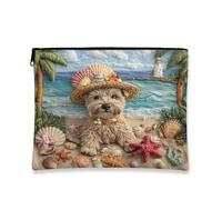 Summer Scottish Terrier Dog Beach Makeup Bag 7x9 Inch for Travel Purse, Palm Coastal Puppy Beachy Cosmetic Pouch for Women, Tropical Portable Canvas Zipper Organizer Toiletry Pouch