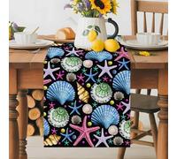 Summer Sea Shell Starfish Conch Table Runner 36 Inches Long,Table Runners Kitchen Dining Tables Decoration for Home Party Decor, Marine Life on Black Tables Runner Wedding Dresser Scarf