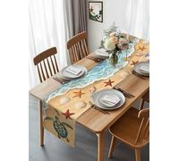 Summer Sea Turtle Ocean Wave Table Runner 108 Inches Long, Marine Shell Starfish Conch Washable Table Runners Heat-Insulation Kitchen Dining Table Decorations for Home Party Decor 13x108in