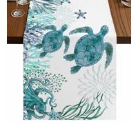 Summer Sea Turtle Table Runner, Nautical Watercolor Green Ocean Coral Starfish Cotton and Table Linen Runner for Kitchen Dining Home Decor for Party Festival Holiday Decoration Gift 13x72in