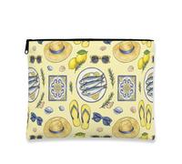 Summer Seafood Cosmetic Bag, Yellow Hat and Sunglasses Pattern Travel Pouch for Women, Portable Canvas Zipper Organizer, Beach Skincare Toiletry Bag, Yellow, 7x9 Inch, Seafood