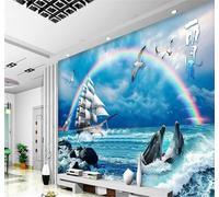 Summer Seascape Rainbow Sailing Boat Dolphin 3D Wallpaper Easy Install Feature Office Living Room Sofa Bedroom TV Background Wall Decoration-150cm×105cm