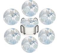 Summer Seashell Starfish Coasters Set of 6,Absorbent Ceramic Coasters with Cork Base,Round Coaster Mats for Cold Drinks & Mugs, Rustic Home Decor + Holder