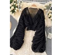 Summer Sexy Draped Chiffon Blouse For Women Elegant V-Neck Puff Long Sleeve Short Tops Female Slim Party Shirts 2022 black,One Size