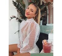Summer Sexy Women Polka Dot Mesh Sheer See-through Tops Bikini Cover-Ups Puff Long Sleeve Tops Blouse Shirts Beachwear Loose Top-black,M