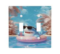 Summer Shark Light Switch Cover Plate/Outlet Covers, Aqua Blue Pool Fun for Kids Room, Thermoplastic Wall Plates, Standard Size Double Toggle