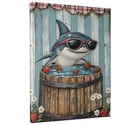 Summer Shark Strawberry Bath Canvas Wall Art, Blue Red Rustic Poster Prints, Fanciful Beach Wall Art Home Decor For Living Room, Bedroom, Bathroom, Dorm, Wrapped Canvas 12x16 Inch