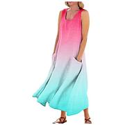 Summer Shift Dresses Casual Gradient Print Round Neck Sleeveless Dresses Maxi A Line Beach Dress with Pockets Shirt Dress Ladies (Hot Pink, 4XL)