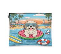 Summer Shih Tzu Dog Beach Makeup Bag 7x9 Inch for Travel Purse, Coastal Puppy Beachy Swim Pattern Cosmetic Pouch for Women, Tropical Portable Canvas Zipper Organizer