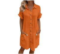 Summer Shirts Dresses for Women UK Oversized Cotton Linen Baggy Tunic Shirt Mini Dress Button Up Plain Sundress with Pockets Beach Cover Up Blouses Lounge Holiday Essentials Dresses Orange