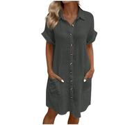 Summer Shirts Dresses for Women UK Oversized Cotton Linen Baggy Tunic Shirt Mini Dress Button Up Plain Sundress with Pockets Beach Cover Up Blouses Lounge Holiday Essentials Dresses Dark Gray