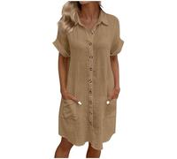 Summer Shirts Dresses for Women UK Oversized Cotton Linen Baggy Tunic Shirt Mini Dress Button Up V Neck Plain Sundress with Pockets Beach Lounge Lightweight Holiday Essentials Dresses Coffee