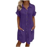 Summer Shirts Dresses for Women UK Oversized Cotton Linen Baggy Tunic Shirt Mini Dress Button Up V Neck Plain Sundress with Pockets Beach Lounge Lightweight Holiday Essentials Dresses Purple
