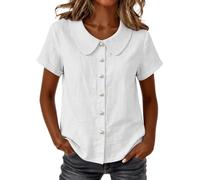 Summer Shirts for Women Pearl Button Down Peter Pan Collar Blouses Short Sleeve Cotton Linen Gauze Dressy Tops White